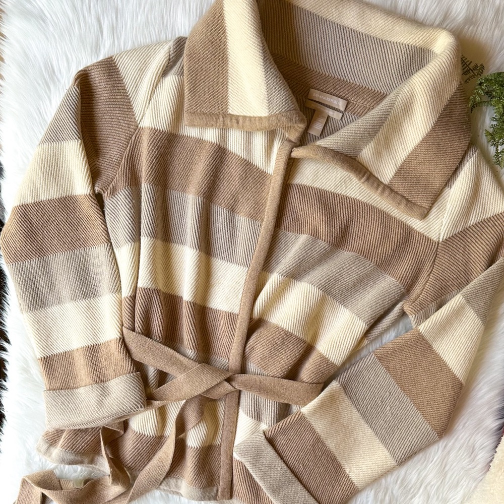 Banana Republic Italian Fabric Wool Cashmere Stripe Belt Cardigan Sweater XL